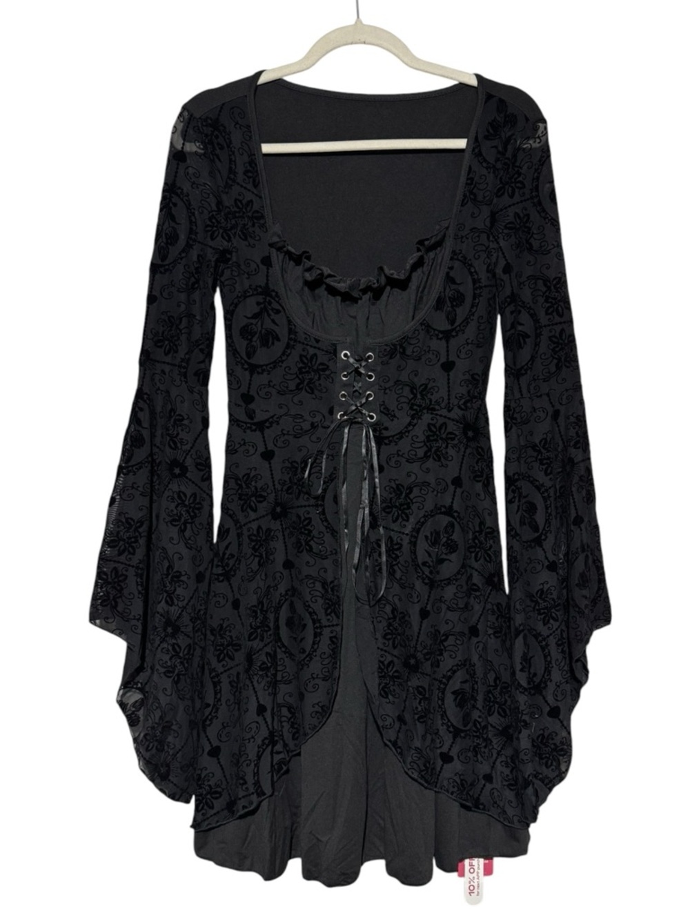 NWT Black Gothic Victorian Dress Size S Velvet Corset Lace Up Fluted Sleeve Vamp - Picture 1 of 6